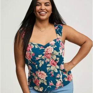 Challis Smocked Crop Top Floral Sleeveless Top - Blue and Pink. 2x.
